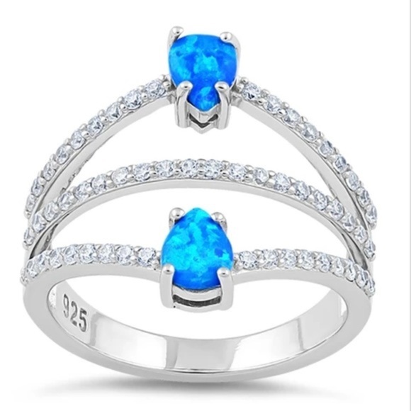 925 Sterling Silver Three Layer Pear Blue Lab Opal Ring - Picture 2 of 6